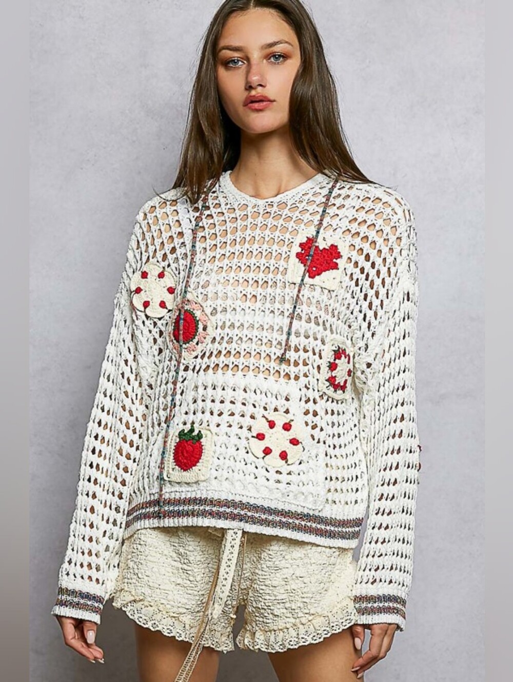 4-0705 POL Patchwork Crochet Fruit Patch hoodie, Cotton Rich!